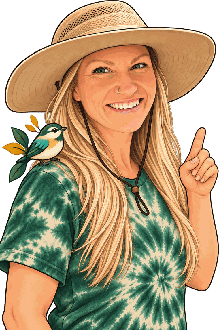 Illustration of Dawn in her sun hat, pointing up
