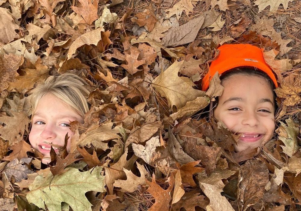 Two kids buried in a pile of fall leaves